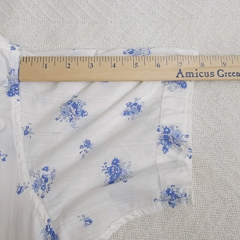 Bonsoir 100% Cotton Nightshirt Short Sleeve White Blue‎ Floral Button Front Sz L